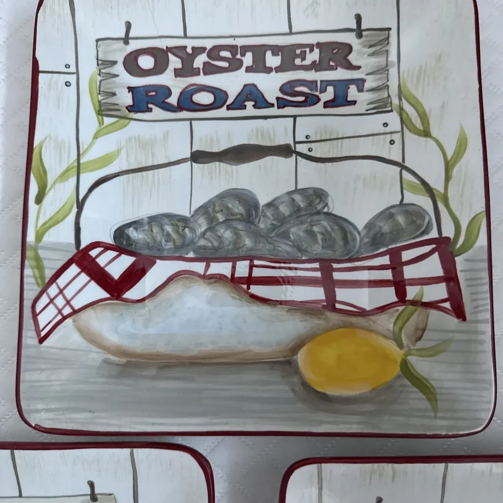 Certified International Oyster Roast Square Plates Set of 3 Multicolor Excellent